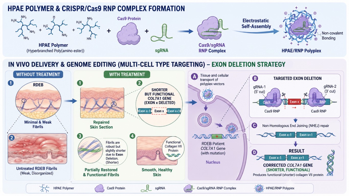 HPAE polymer and CRISPR Cas9 RNP complex formation with an exon deletion gene editing strategy