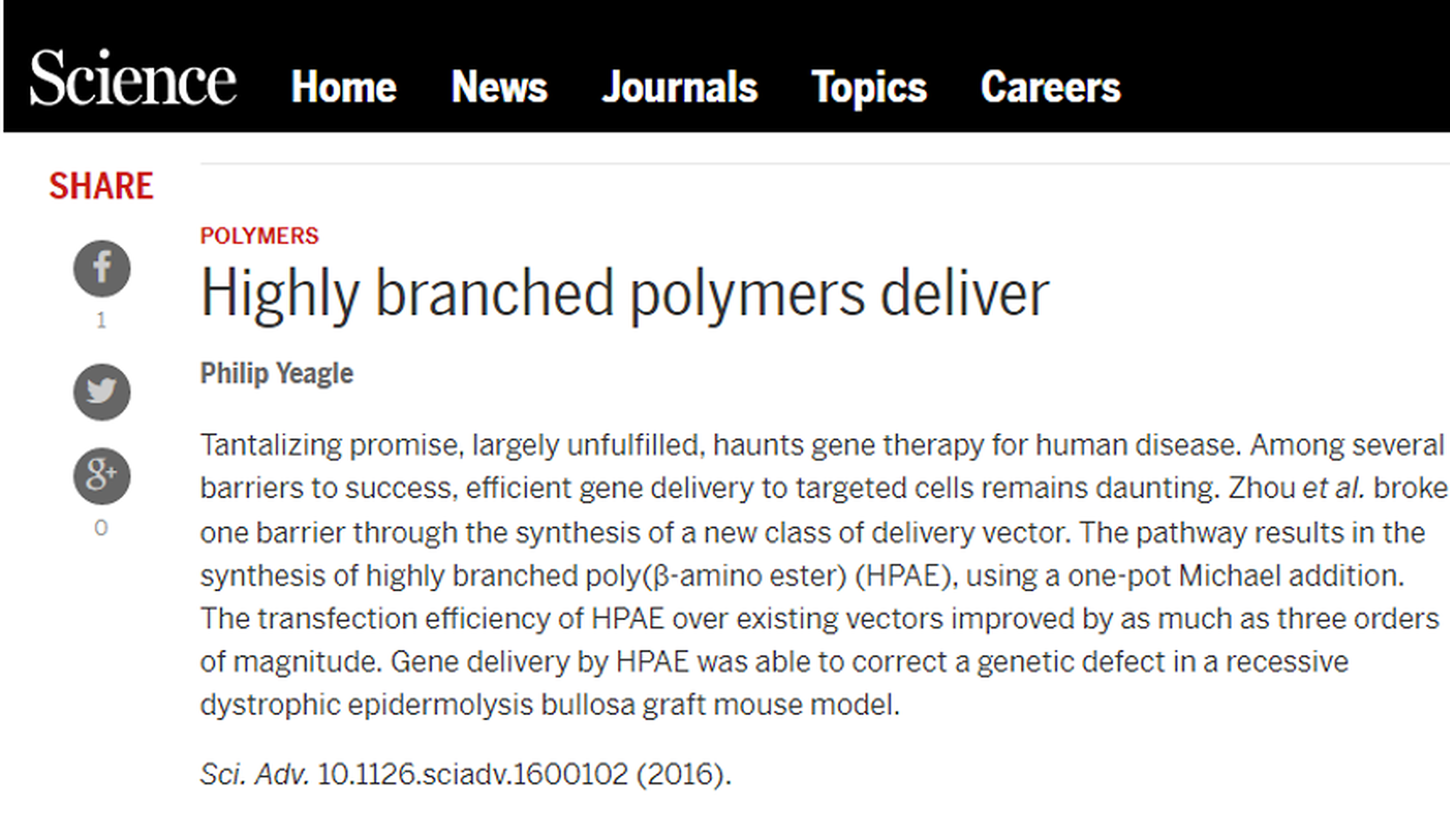 Science Advances feature: highly branched polymers deliver