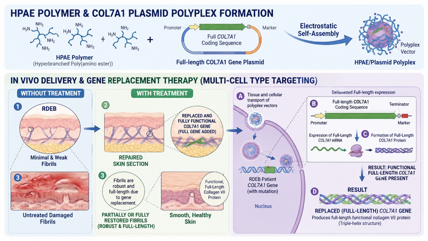 HPAE polymer and full-length COL7A1 plasmid polyplex formation with a gene replacement strategy