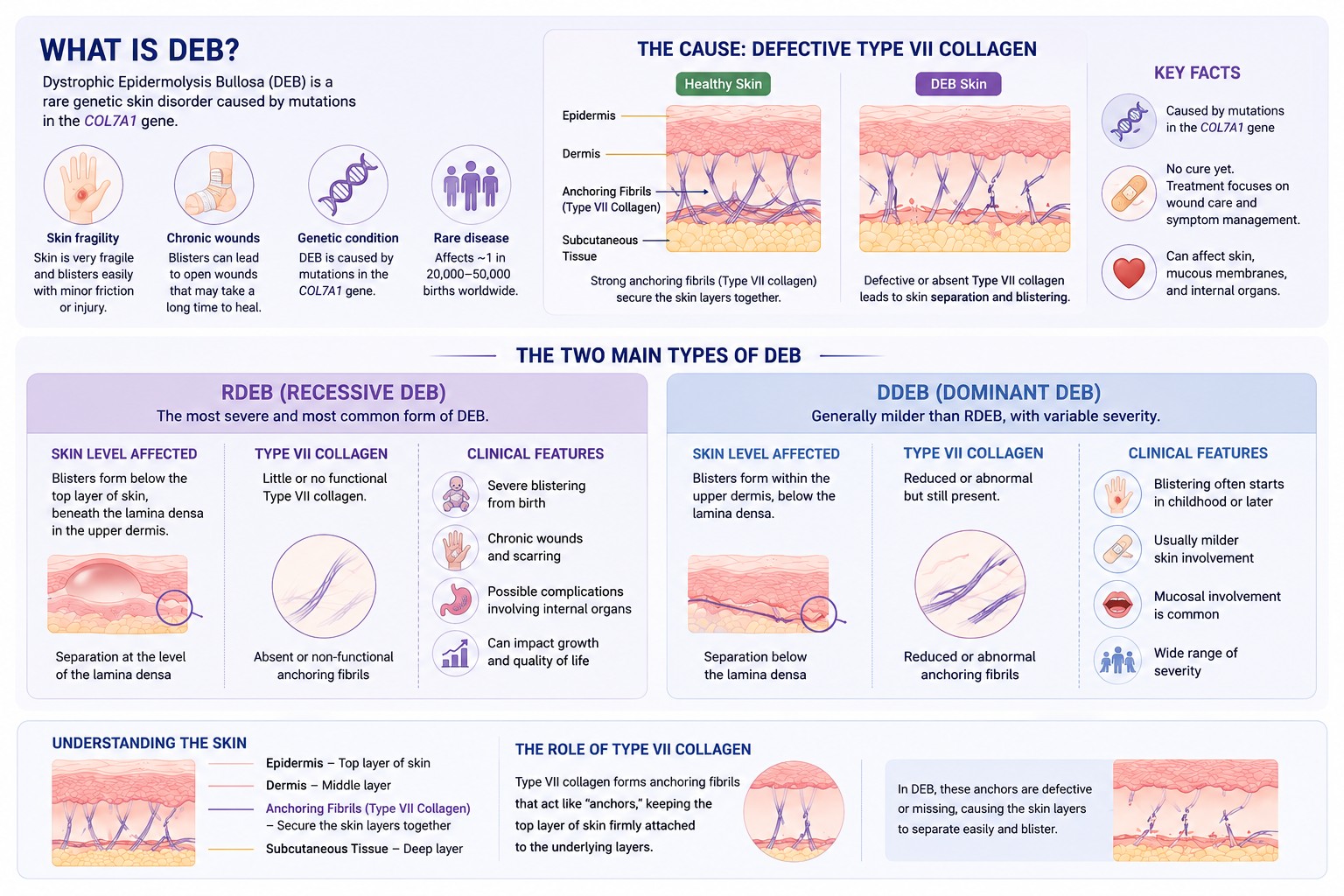 Scientific overview of DEB, skin layers, type VII collagen and the two main inherited forms